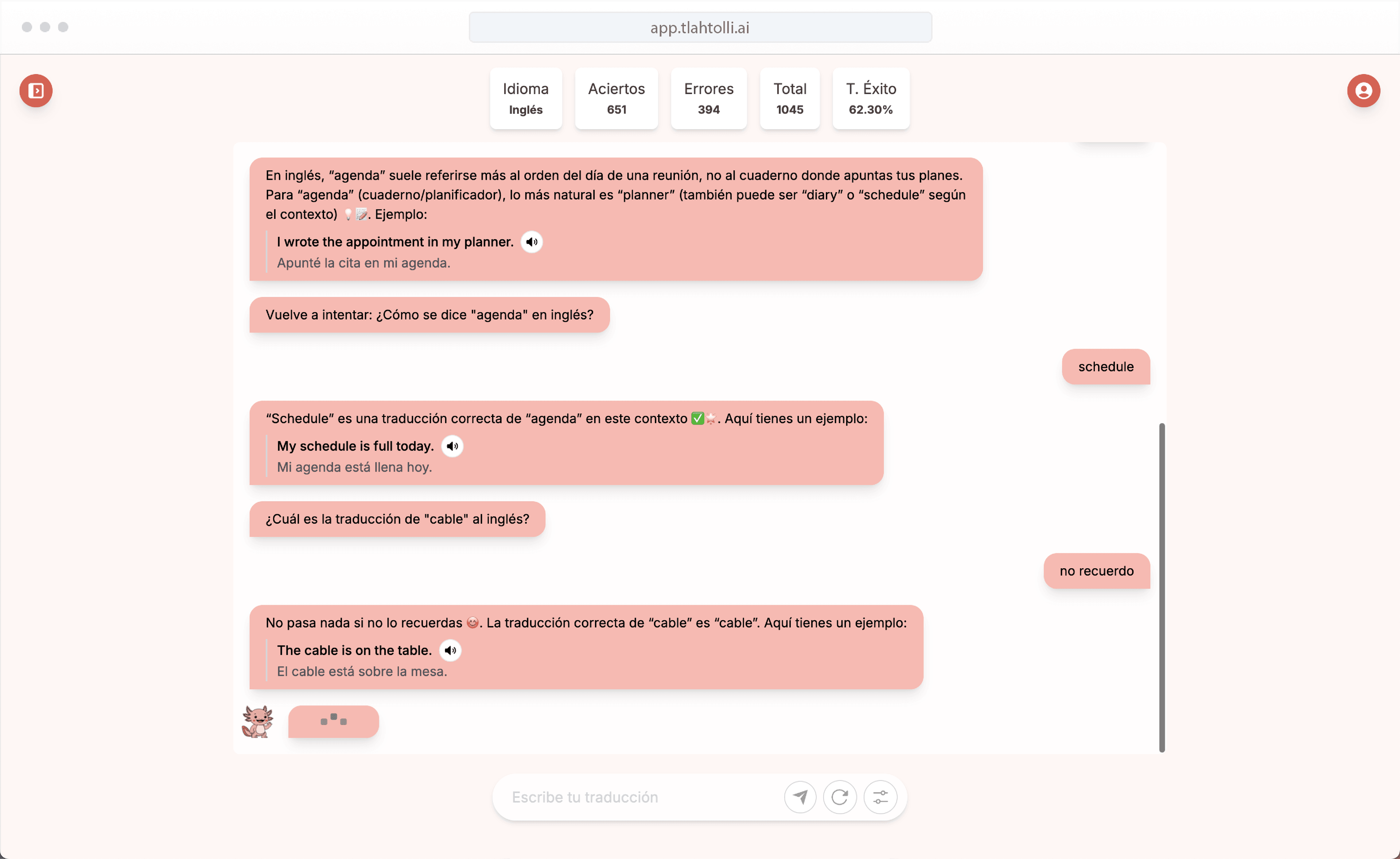 Tutor AI de tlahtolli.ai practicando vocabulario